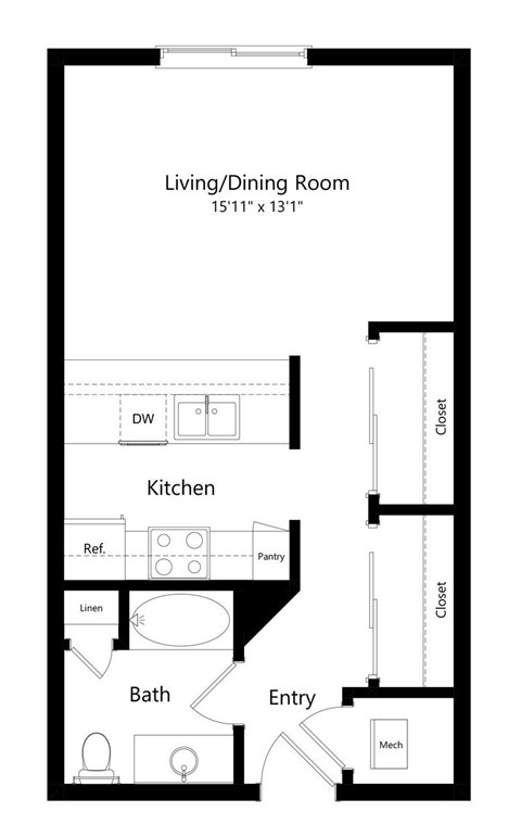 the studio, 1-bathroom, 507 square feet Shelby floor plan at Pine Lake Heights apartments in Lincoln, NE
